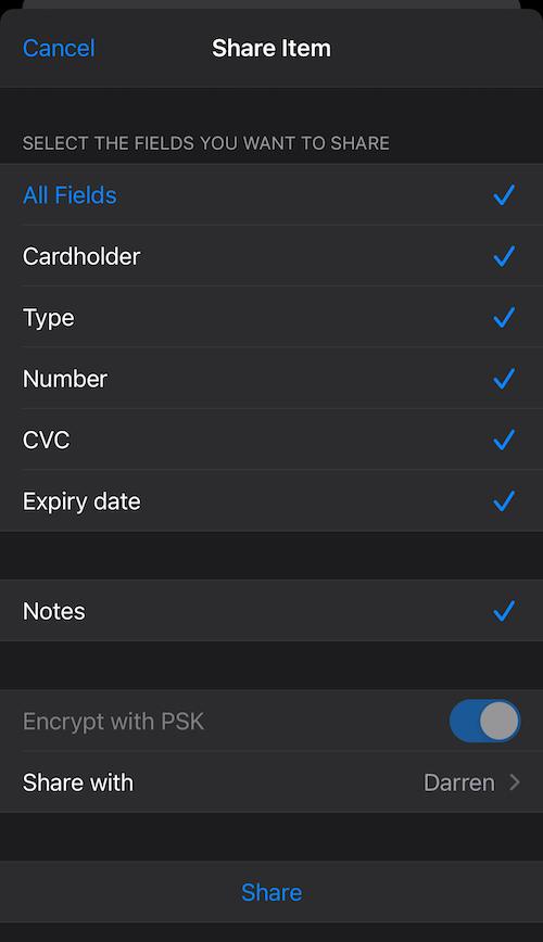 You can share passwords and credit card info with others using Enpass's PSK encryption.