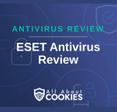 A blue background with images of locks and shields with the text &quot;Antivirus Review ESET Antivirus Review&quot; and the All About Cookies logo. 