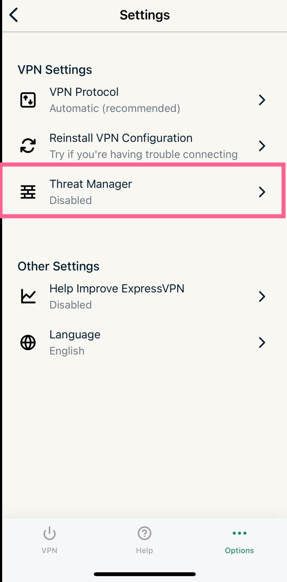 The ExpressVPN threat manager feature is found in the settings menu.