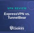 A blue background with images of locks and shields with the text &quot;VPN Review ExpressVPN vs. TunnelBear&quot; and the All About Cookies logo. 