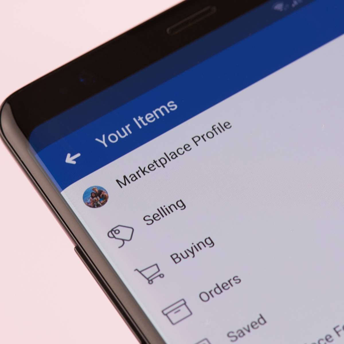 A smartphone screen open on the Facebook Marketplace menu.