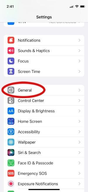 iPhone screen showing where to click on General