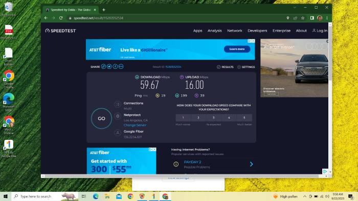 Speed test results for a computer without the VPN turned on.