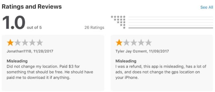 Screenshot of reviews of a GPS spoofing app
