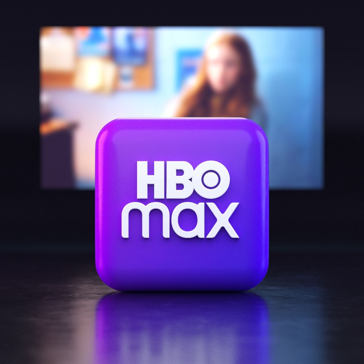 blurred tv in the back in movie on and a purple block with HBO Max in the front