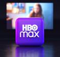 blurred tv in the back in movie on and a purple block with HBO Max in the front