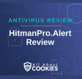 A blue background with images of locks and shields with the text &quot;Antivirus Review HitmanPro.Alert  Review&quot; and the All About Cookies logo. 