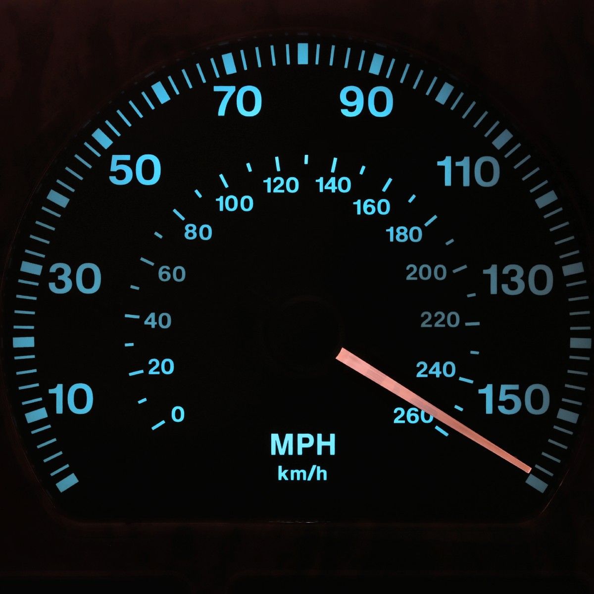 A close-up shot of a lit-up speedometer on a car's dashboard. The needle is sitting at just over 150 miles per hour to show fast speeds.