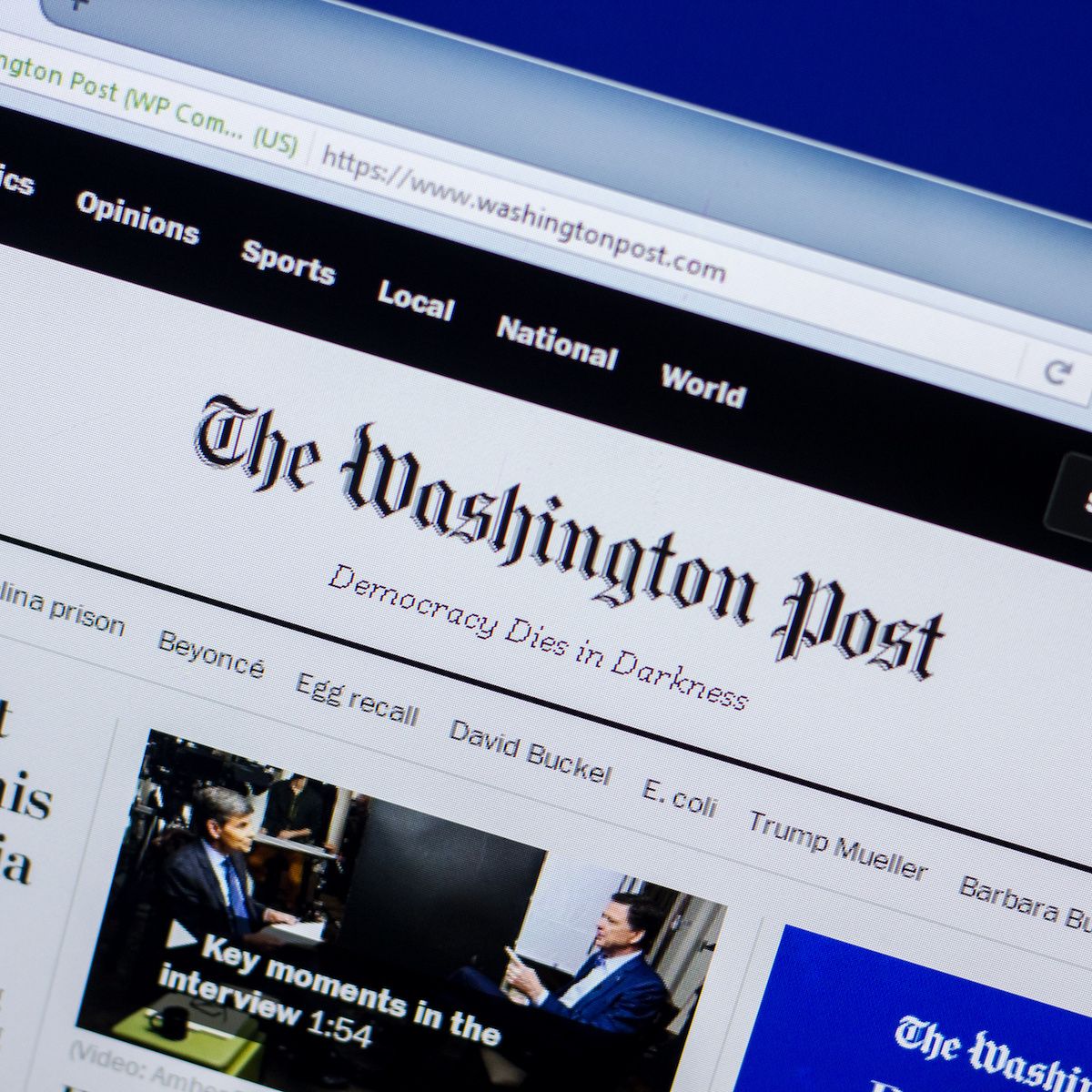 The homepage for The Washington Post displayed online. News articles are often locked behind paywalls.