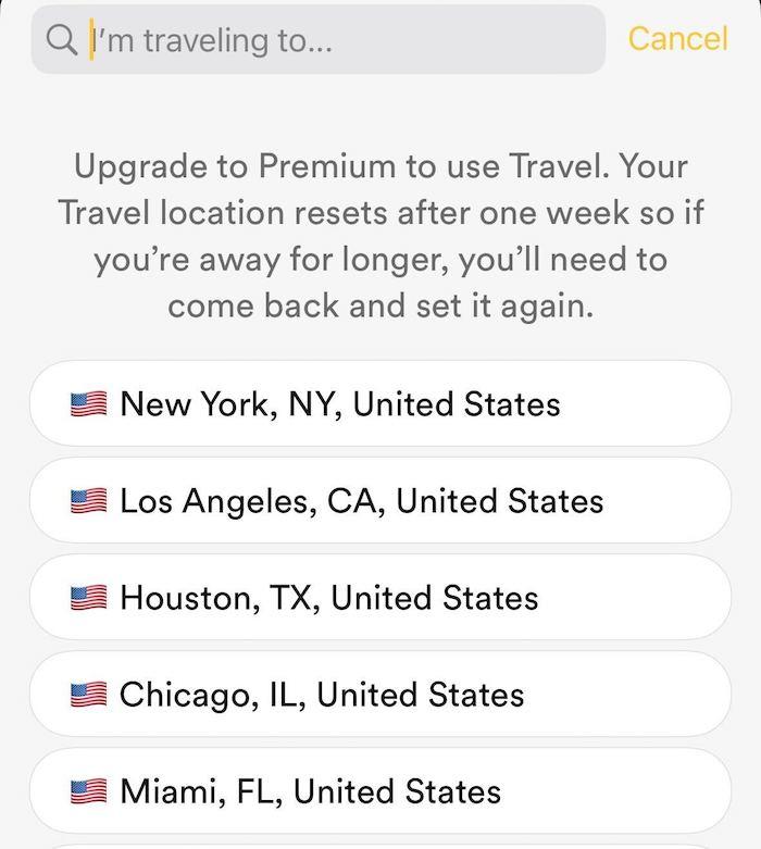 Bumble's Travel Mode requires a Premium subscription and allows you to set your location to a different city or country.