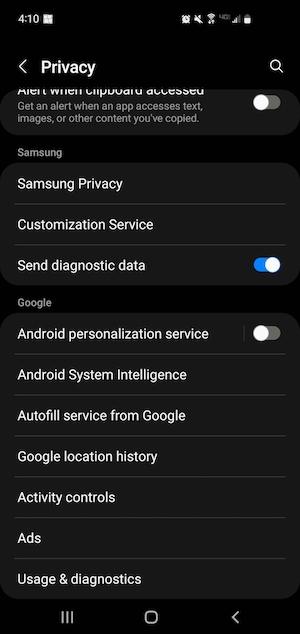 A screenshot of the Android OS for a Samsung Galaxy S10 cell phone in dark mode. It shows the Privacy settings available for change.