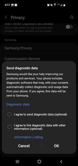 A screenshot of the Android OS on a Samsung Galaxy S10 cell phone in dark mode. The Send diagnostic data window is open, showing the agreement options unchecked to disable diagnostic data from being sent.
