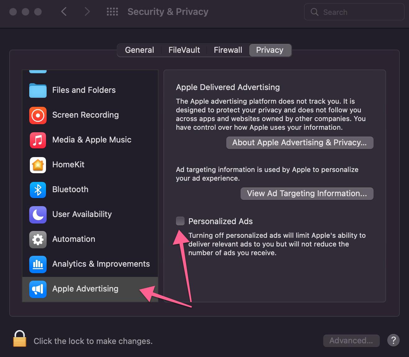 A screenshot of the macOS Security & Privacy settings with the Privacy tab selected and in dark mode. Two red arrows point to the highlighted Apple Advertising option and the unchecked Personalized Ads option.