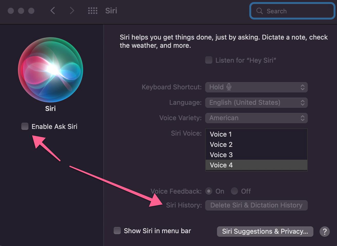 A screenshot of the Mac options for Siri in dark mode. Two red arrows point to the unchecked box for Enable Ask Siri and the grayed out option to Delete Siri & Dictation History.