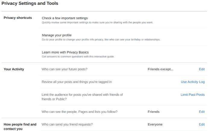 The Settings and Tools page on Facebook.