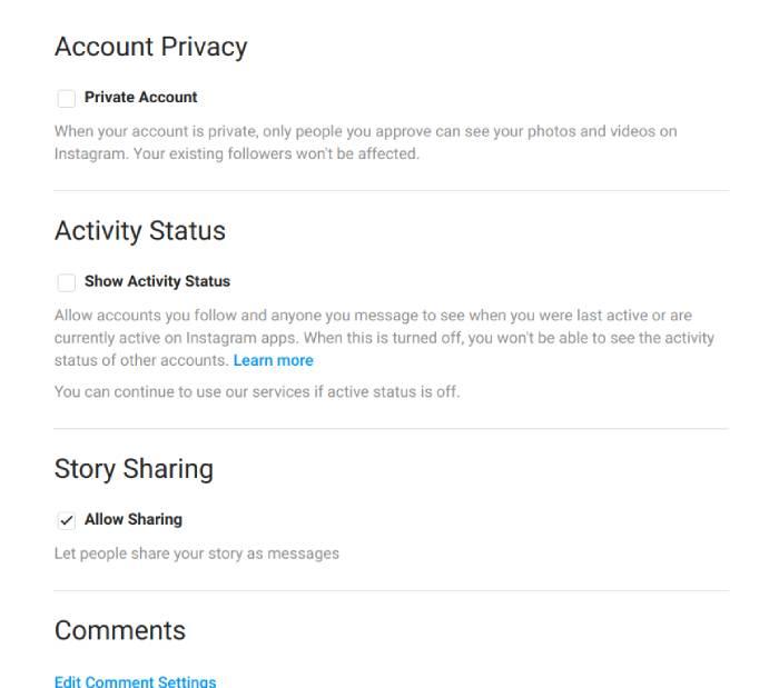 The Account Privacy page on the Instagram site.