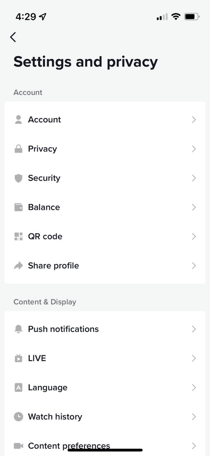 The Settings and privacy page on the TikTok app.