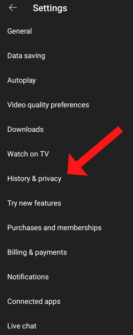 On the YouTube app, the Settings menu is open and there is a red arrow pointing to History & privacy. 