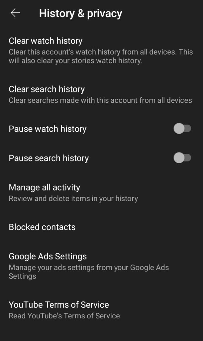The History & Privacy page on the YouTube app.