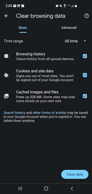 A screenshot of the Google Chrome web browser and Clear Browsing Data menu open. Browsing history, Cookies and site data, and Cached images and files are all checked and ready to be cleared.