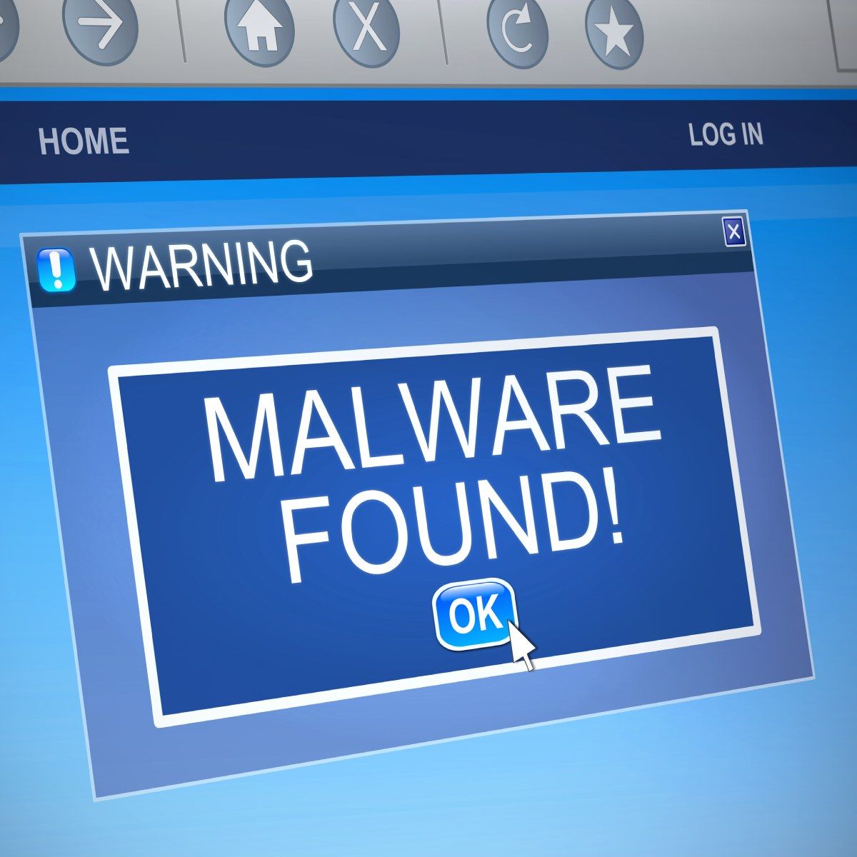 An illustration of a browser window with a pop-uo that says warning, malware found!