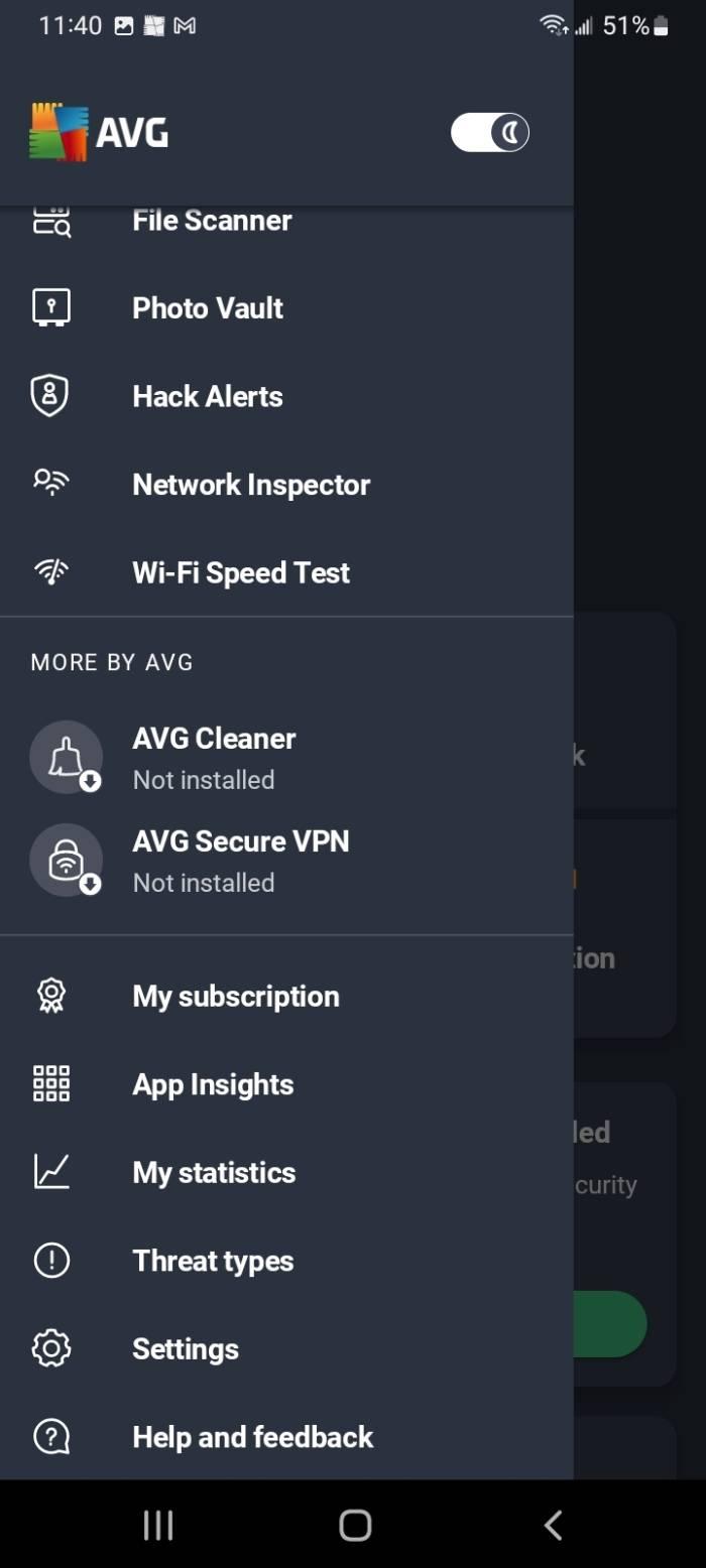 The AVG AntiVirus app on an Android with the menu icon open.