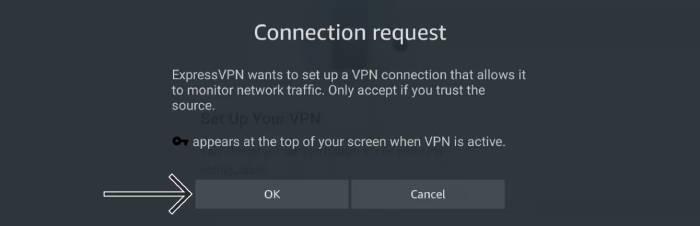 An Amazon Fire TV prompt requesting an ExpressVPN connection request. 