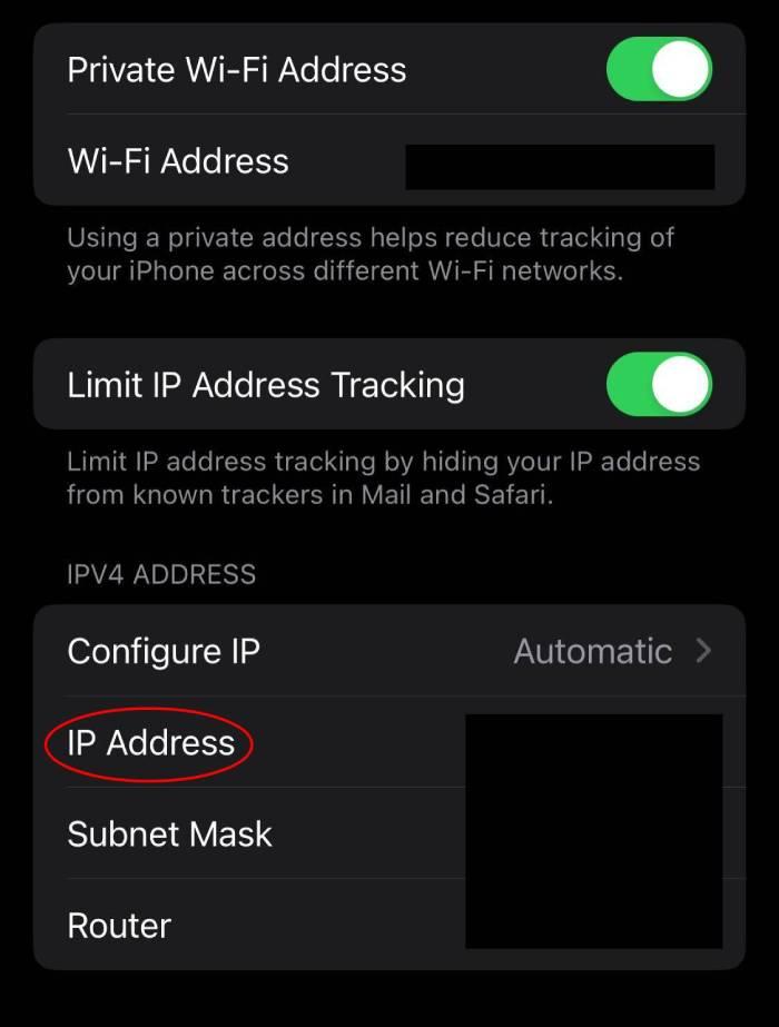 The iPhone Wi-Fi settings screen with a circle around IP address.