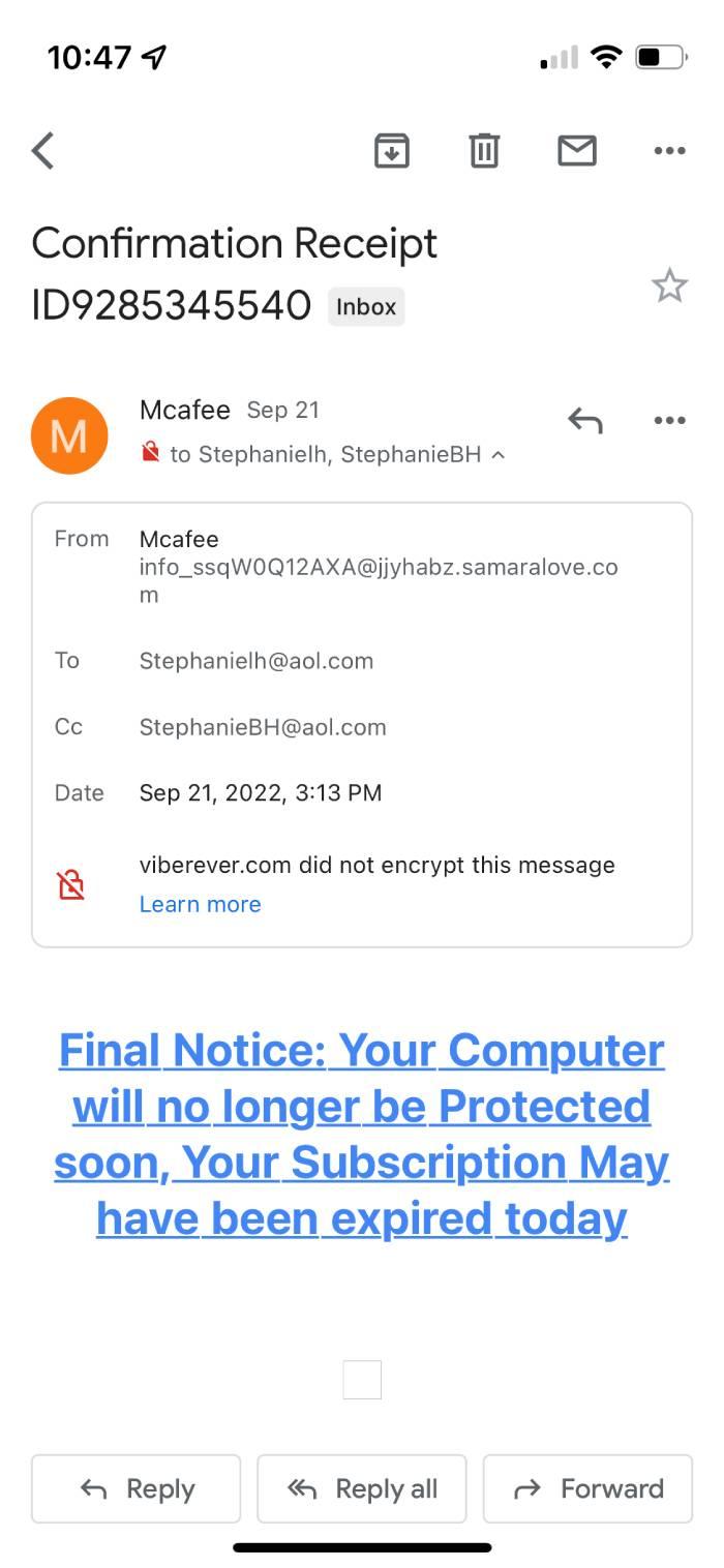 A phishing example where a scammer is trying to trick a user into renewing their McAfee subscription.