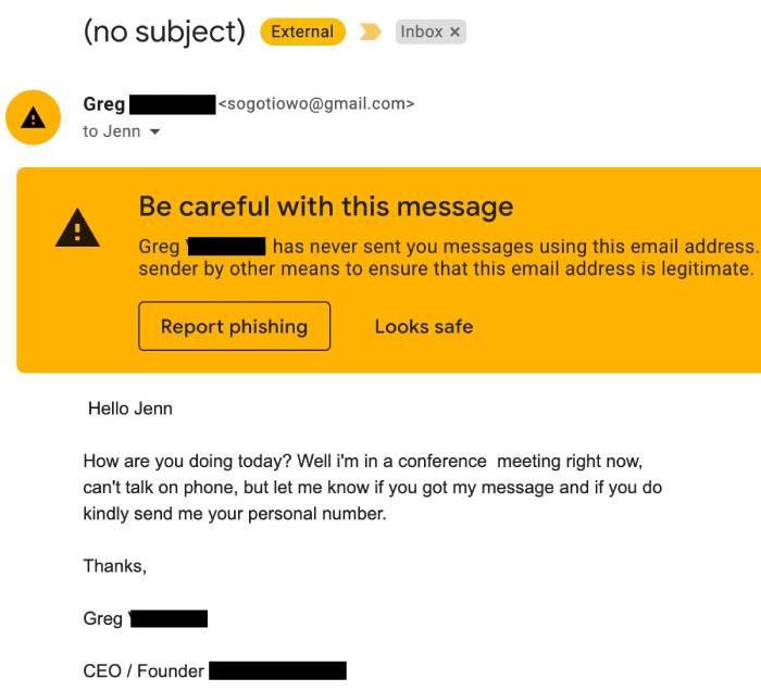 A phishing example where a scammer is pretending to be a CEO and is asking for the user's phone number.