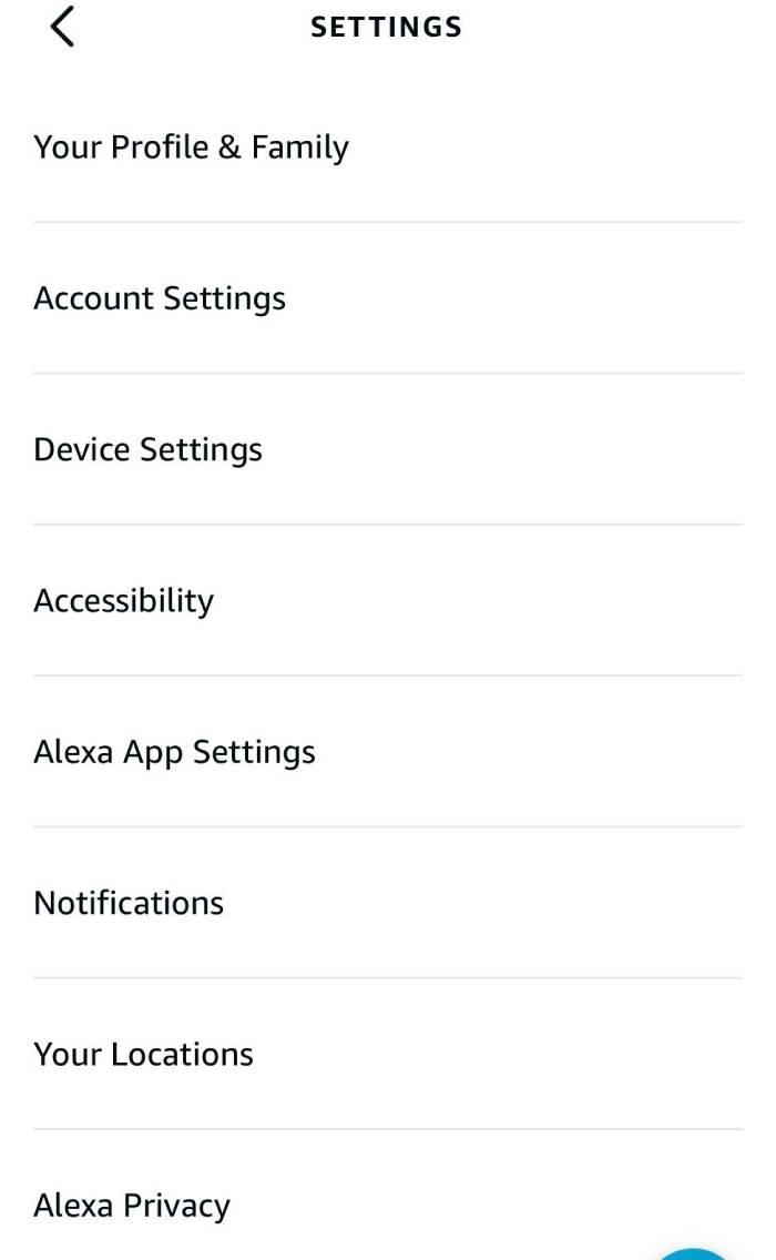 The settings page on the Alexa app.