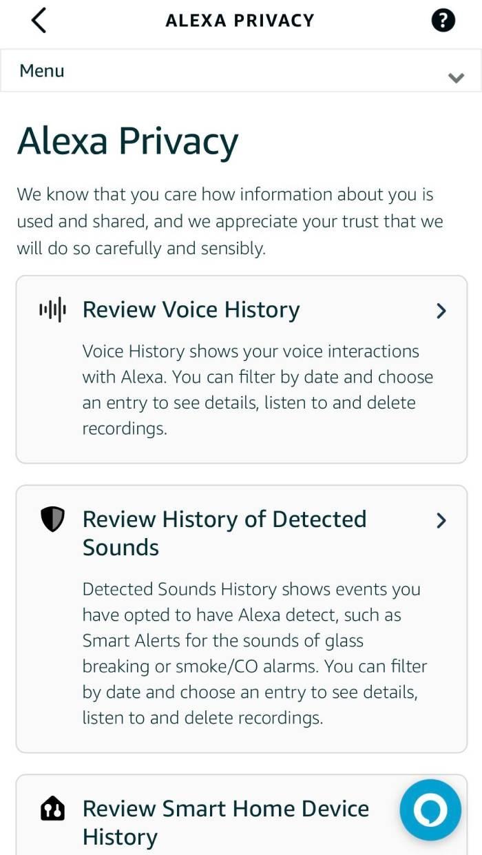 The Alexa Privacy page on the Alexa app.