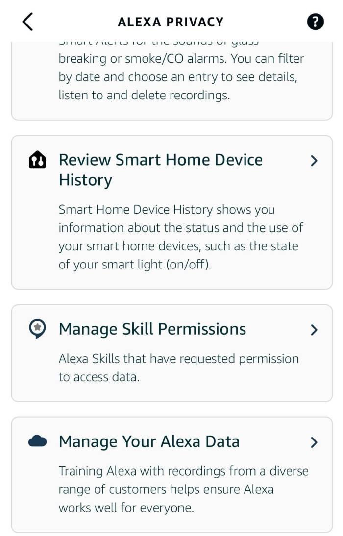 The Alexa Privacy page on the Alexa app.