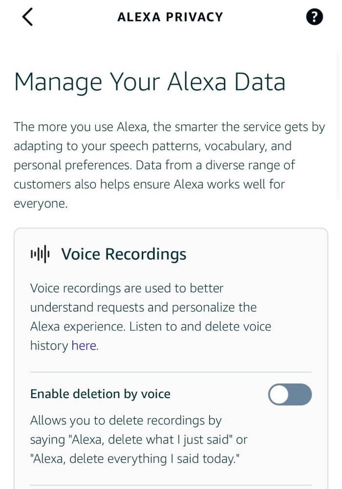 The Manage Your Alexa Data page on the Alexa app.