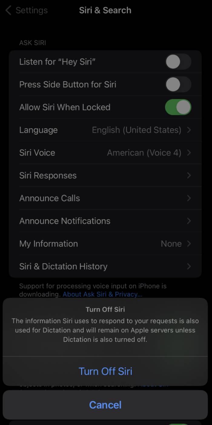 A screenshot of the Siri & Search iPhone settings screen, with a pop-up requesting to turn off Siri.