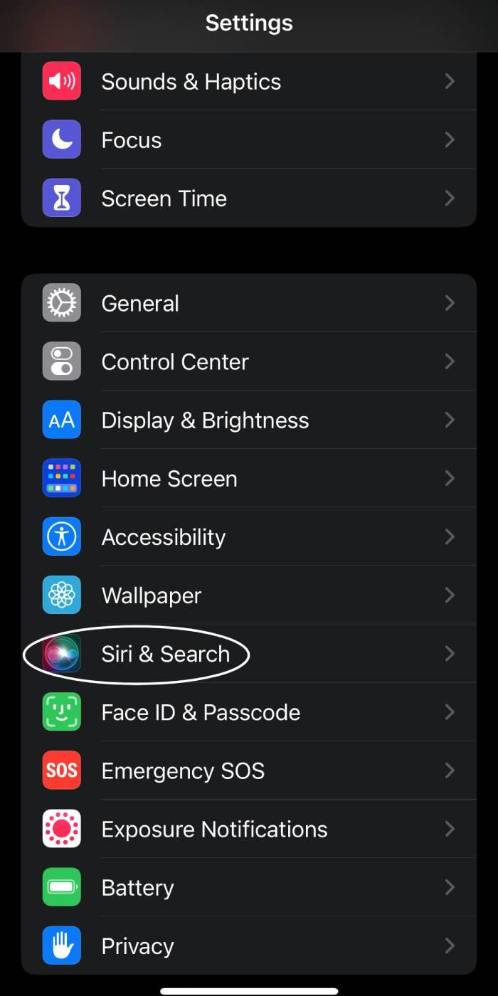 A screenshot of the main iPhone settings screen with a circle around the Siri & Search button.