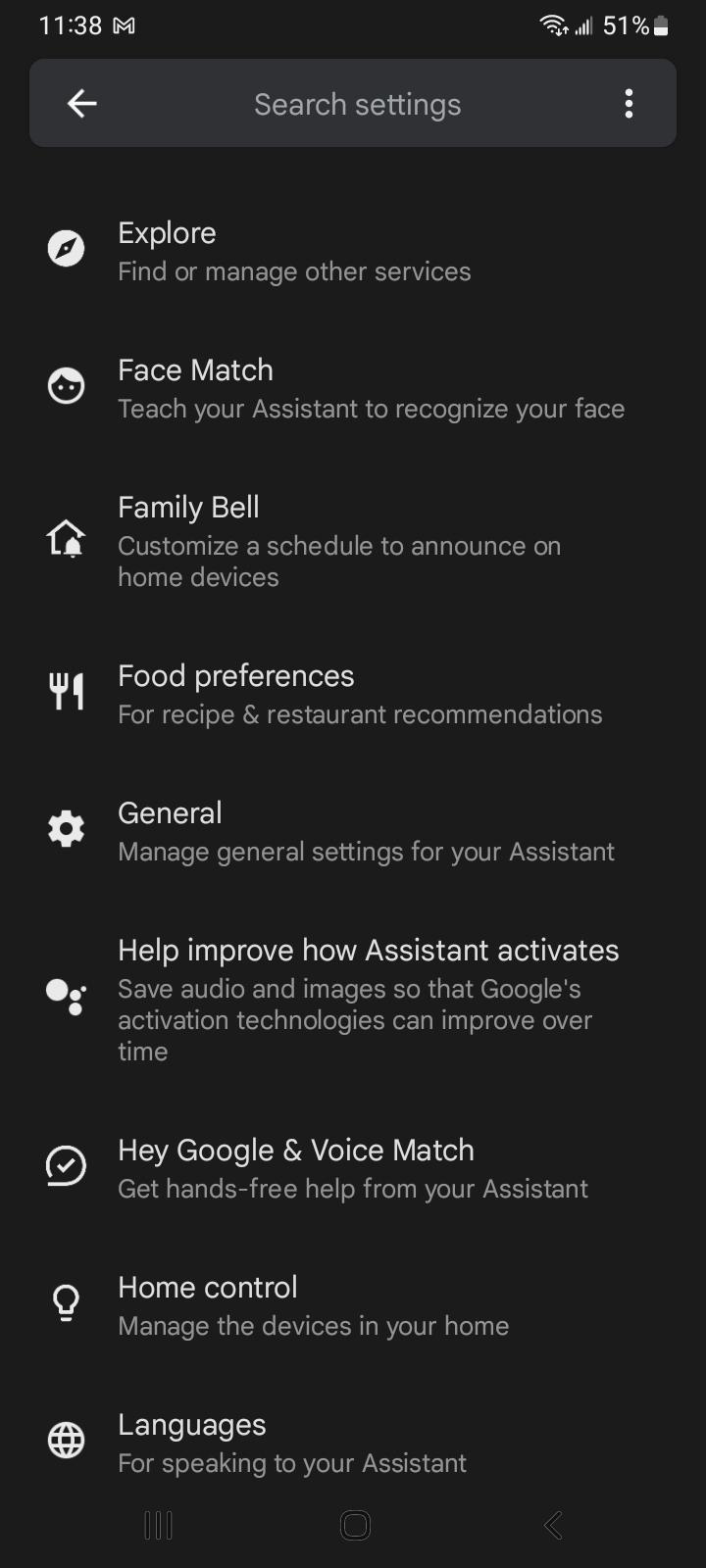 A screenshot of the Google Assistant settings screen. 