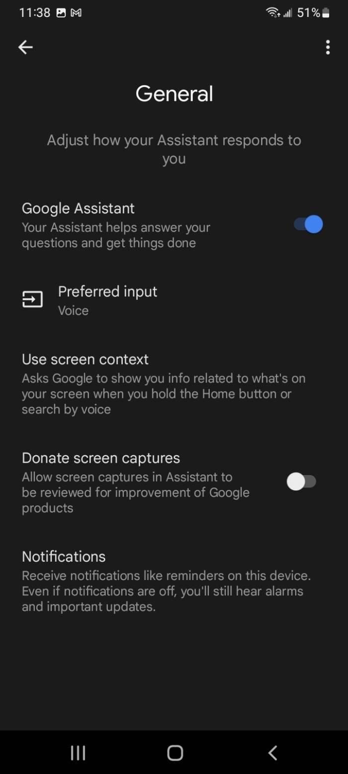 A screenshot of the Google Assistant settings screen on an Android phone.