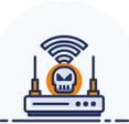 An illustration of a cartoon-style internet router with antennas pointed straight up and an evil looking skull perched on top to represent Wi-Fi hacking.