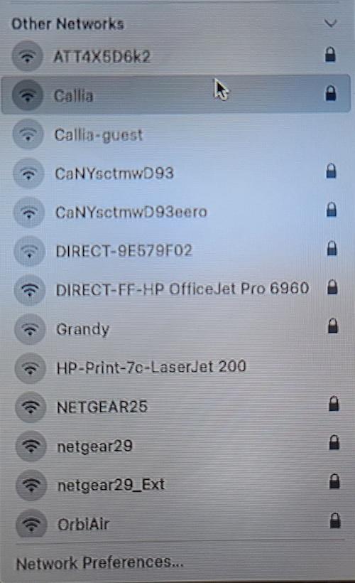 A screenshot of nearby Wi-Fi networks, including some with no lock icons and therefore no passwords.