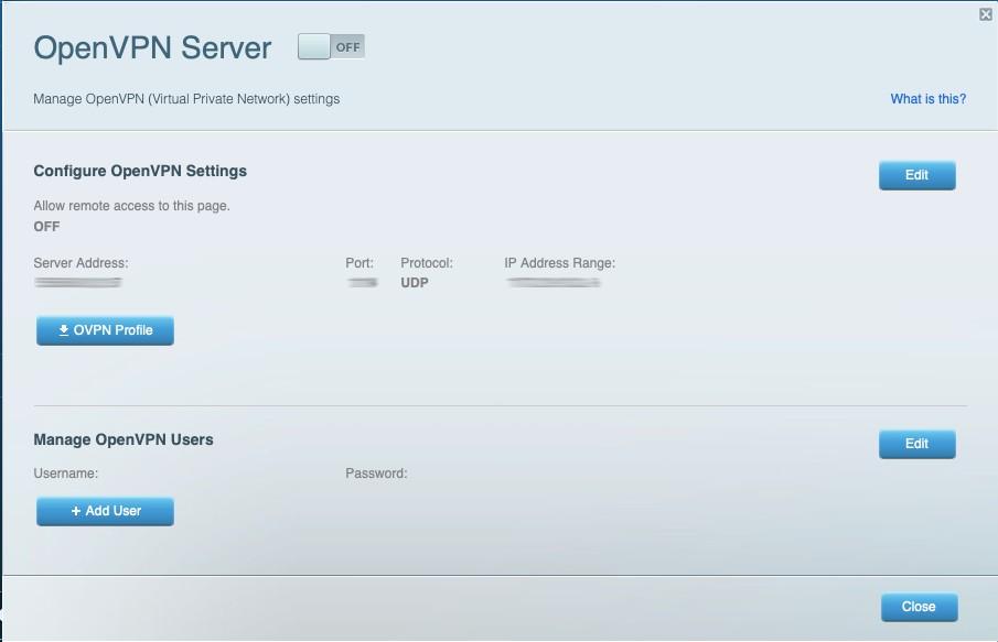 A screenshot of a router admin panel showing OpenVPN server settings.