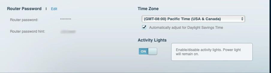 A screenshot of a router admin panel that shows the option to edit the router password, set the time zone, and turn the router lights on or off.