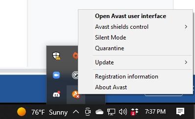Screenshot of right clicking on Avast