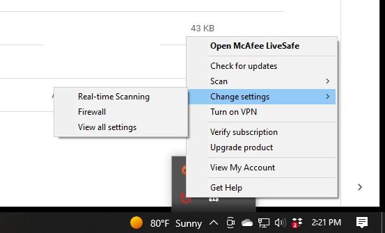 Screenshot of change settings in McAfee