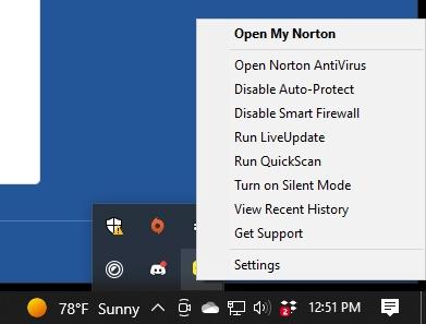 Screenshot of right clicking on Norton