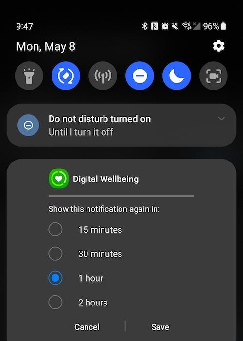 Open your notifications by swiping down from the top of your screen. Tap the down arrow beside the notification, select the Snooze bell icon, and choose the duration for which you’d like for the notification to disappear.