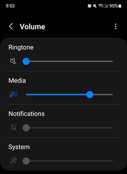 You can adjust the volume of the following notification types: Ringtone, Media, Notifications (for apps), and System (keyboard, screen lock, etc.)