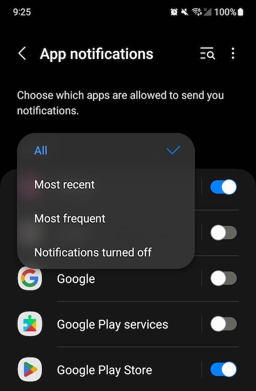 Under Most recent, select the application you want to make notification changes to.  To find more apps, tap All apps from the dropdown menu. Select the app.