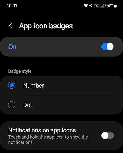 Select App icon badges. You can toggle on or off Notifications on app icons. If enabled, you can choose how to show them: number or dot.