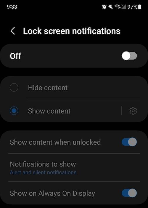 Toggle the Lock screen notifications from On to Off.